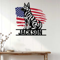Patriotic Dutch Shepherd wall sign displayed on a white paneled wall above a wood console