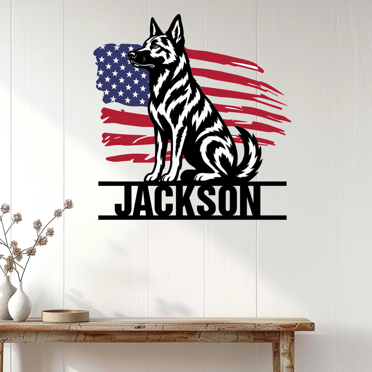 Patriotic Dutch Shepherd wall sign displayed on a white paneled wall above a wood console