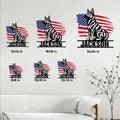 Dutch Shepherd metal sign size guide showing six available square dimensions in a room setting