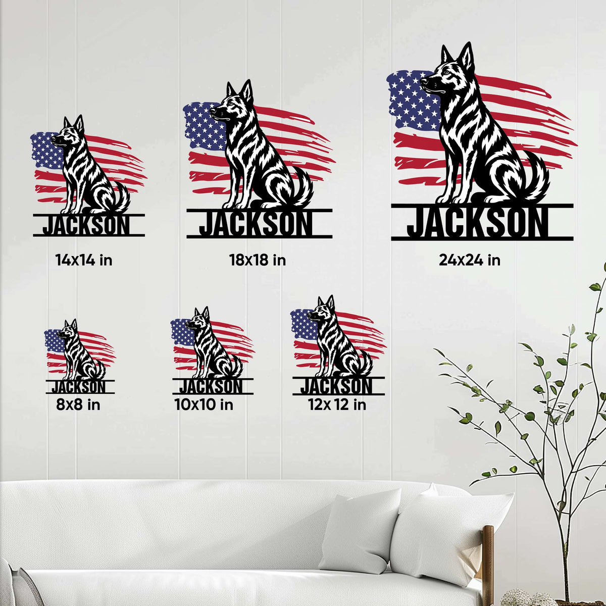 Dutch Shepherd metal sign size guide showing six available square dimensions in a room setting