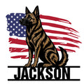 Custom Dutch Shepherd metal sign featuring a seated dog portrait over a distressed American flag