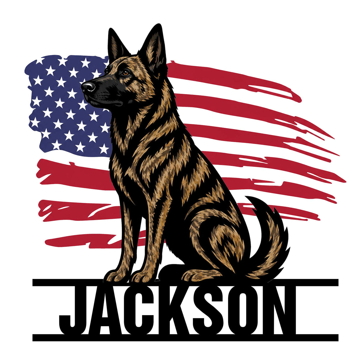 Custom Dutch Shepherd metal sign featuring a seated dog portrait over a distressed American flag