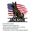 Dutch Shepherd cut metal sign shown with a patriotic American flag design and custom presentation