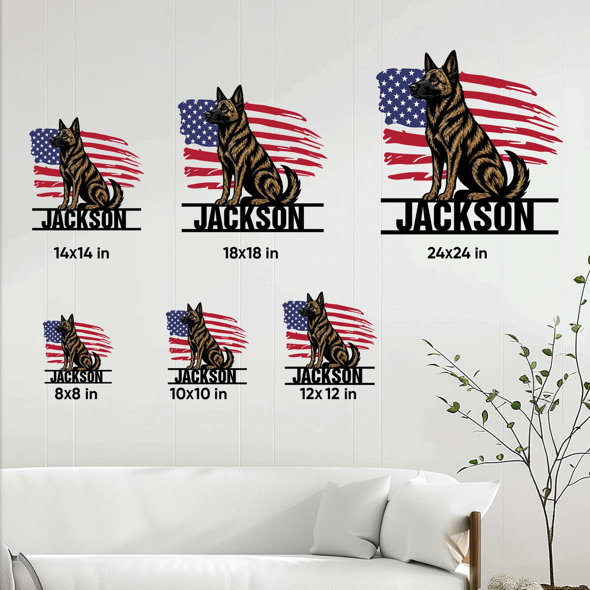 Dutch Shepherd metal sign size guide showing square options from 8 by 8 to 24 by 24 inches