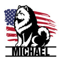 Chow Chow metal sign featuring a fluffy dog portrait with a distressed American flag backdrop