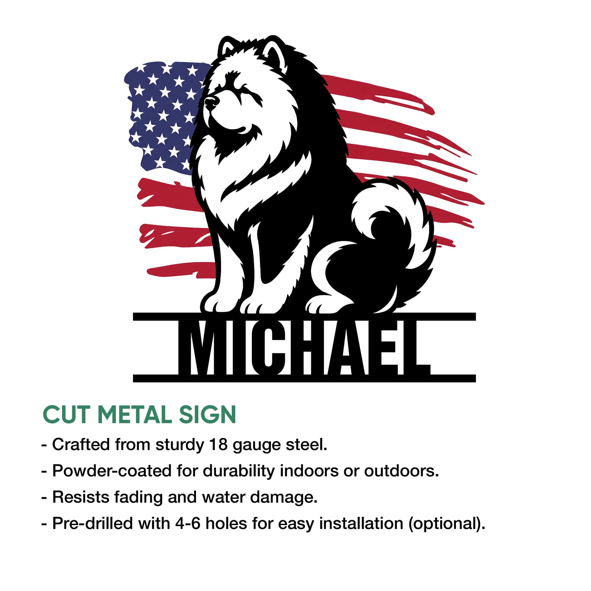 Chow Chow cut metal sign product graphic showing the patriotic dog artwork and sign features