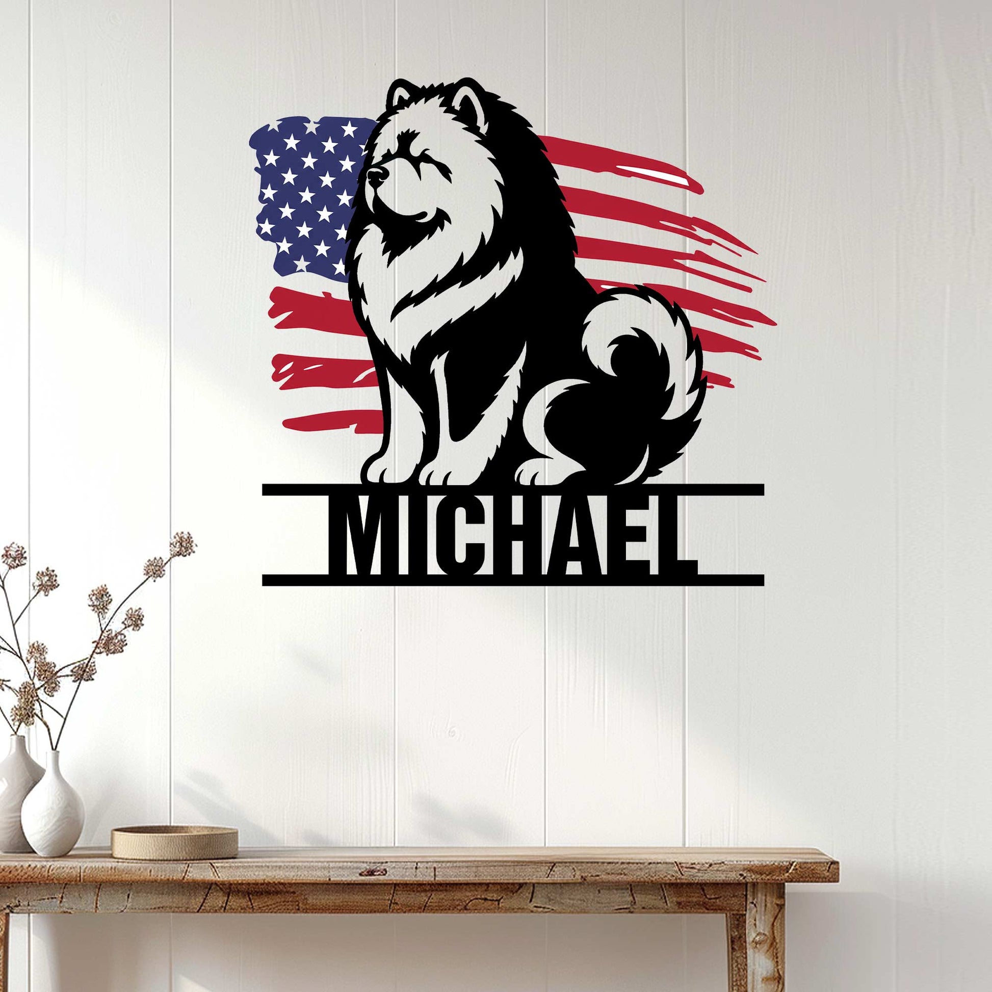 Patriotic Chow Chow wall sign displayed above a console table in a bright farmhouse-style room