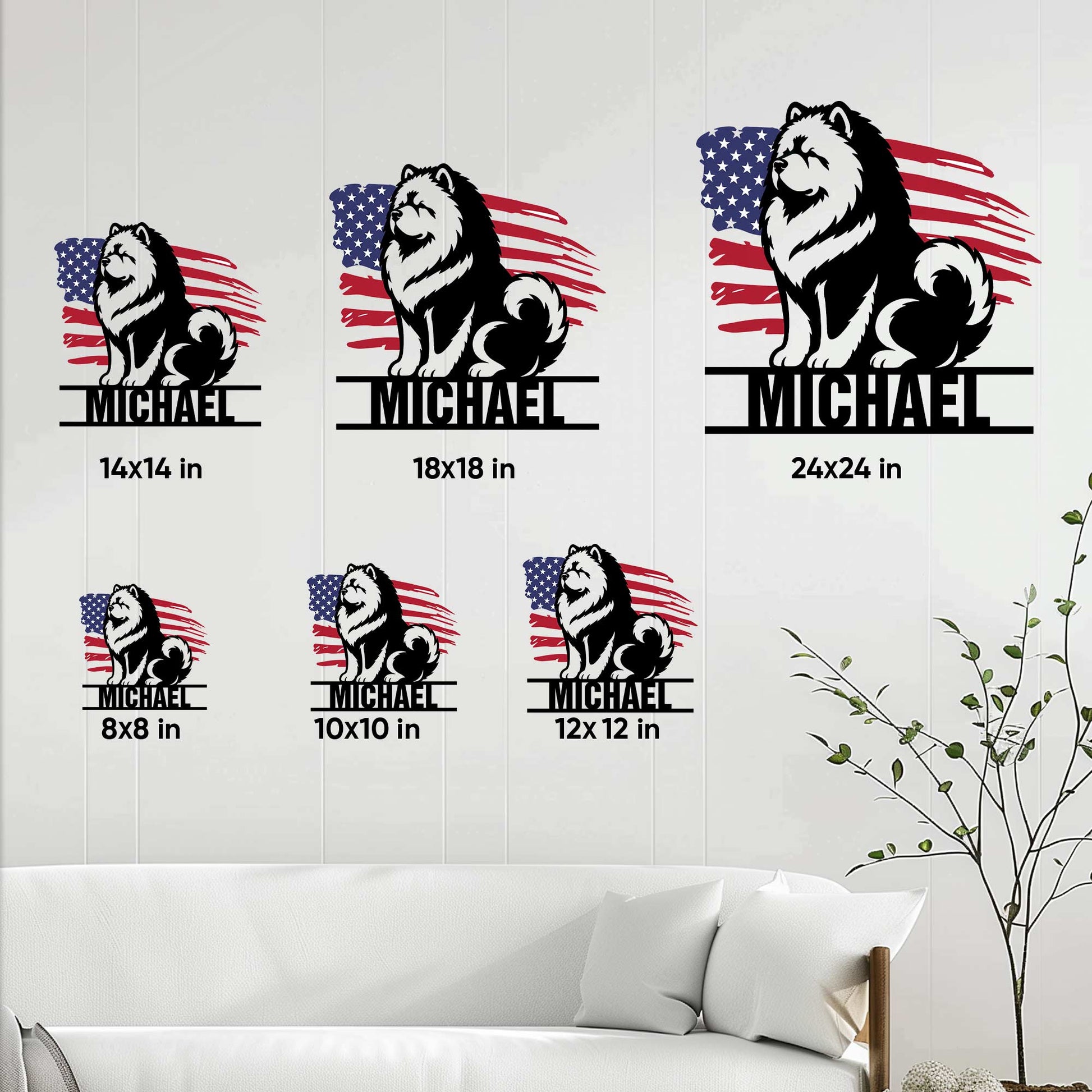 Chow Chow metal sign size guide showing multiple square size options in a living room setting