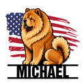 Patriotic Chow Chow metal sign featuring a fluffy orange dog portrait over a distressed American flag design