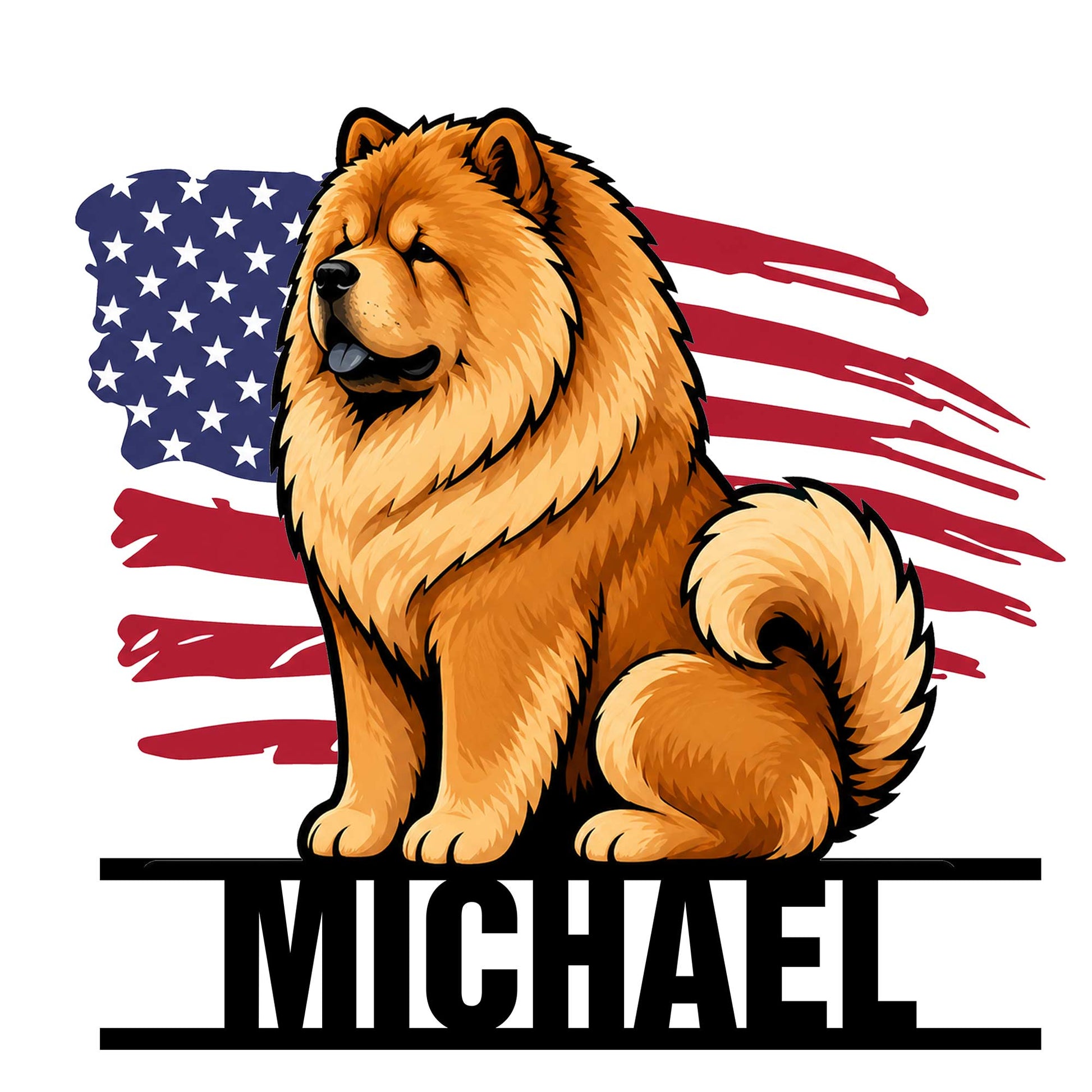 Patriotic Chow Chow metal sign featuring a fluffy orange dog portrait over a distressed American flag design