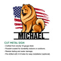 Chow Chow metal sign product feature graphic showing the patriotic dog artwork and cut metal sign presentation