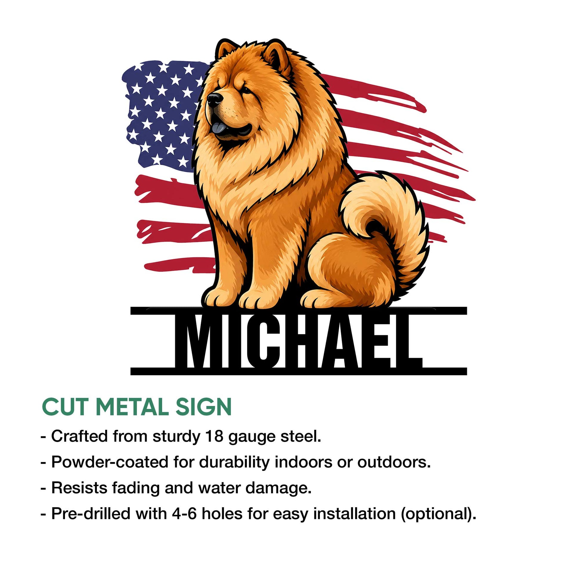 Chow Chow metal sign product feature graphic showing the patriotic dog artwork and cut metal sign presentation