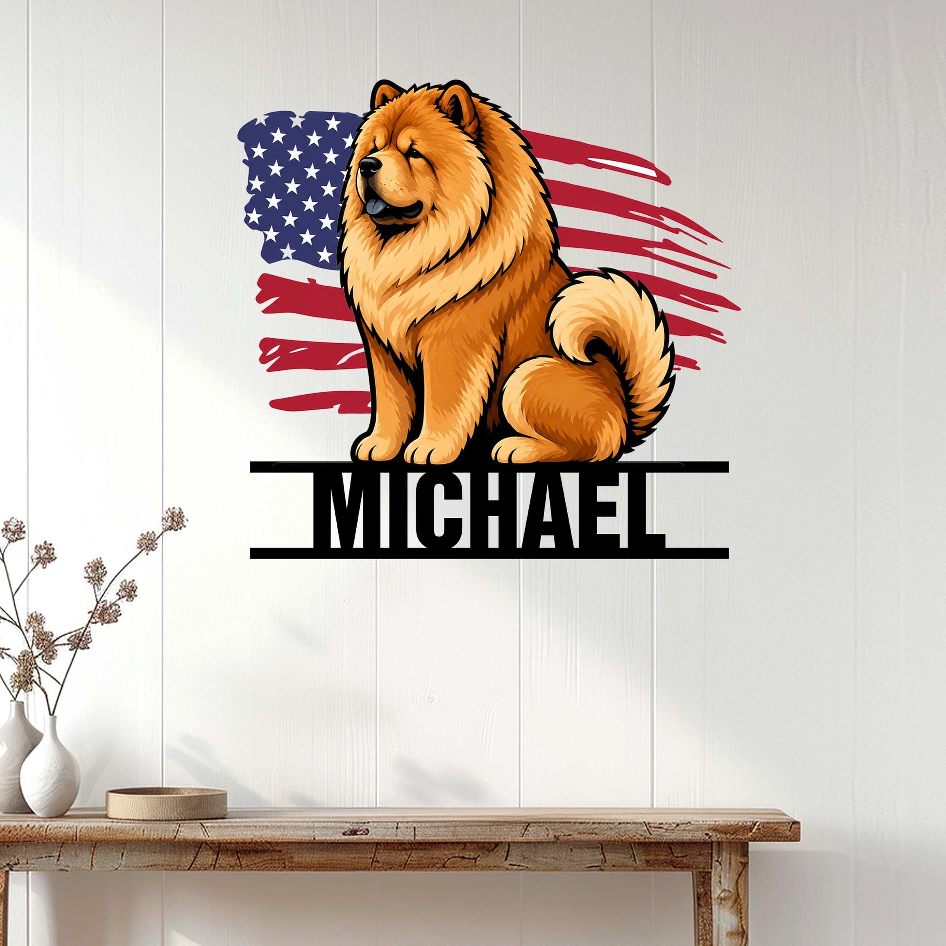 Patriotic Chow Chow wall decor displayed on a light wood wall above a console table