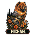 Custom Chow Chow metal sign featuring a fluffy dog portrait, mountain landscape, river, pine trees, and orange flowers