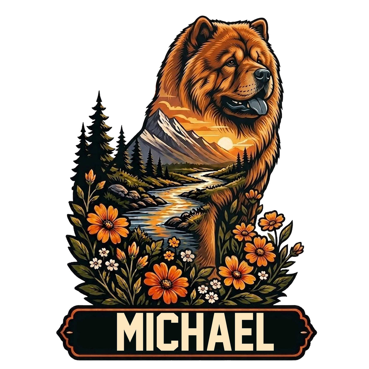 Custom Chow Chow metal sign featuring a fluffy dog portrait, mountain landscape, river, pine trees, and orange flowers