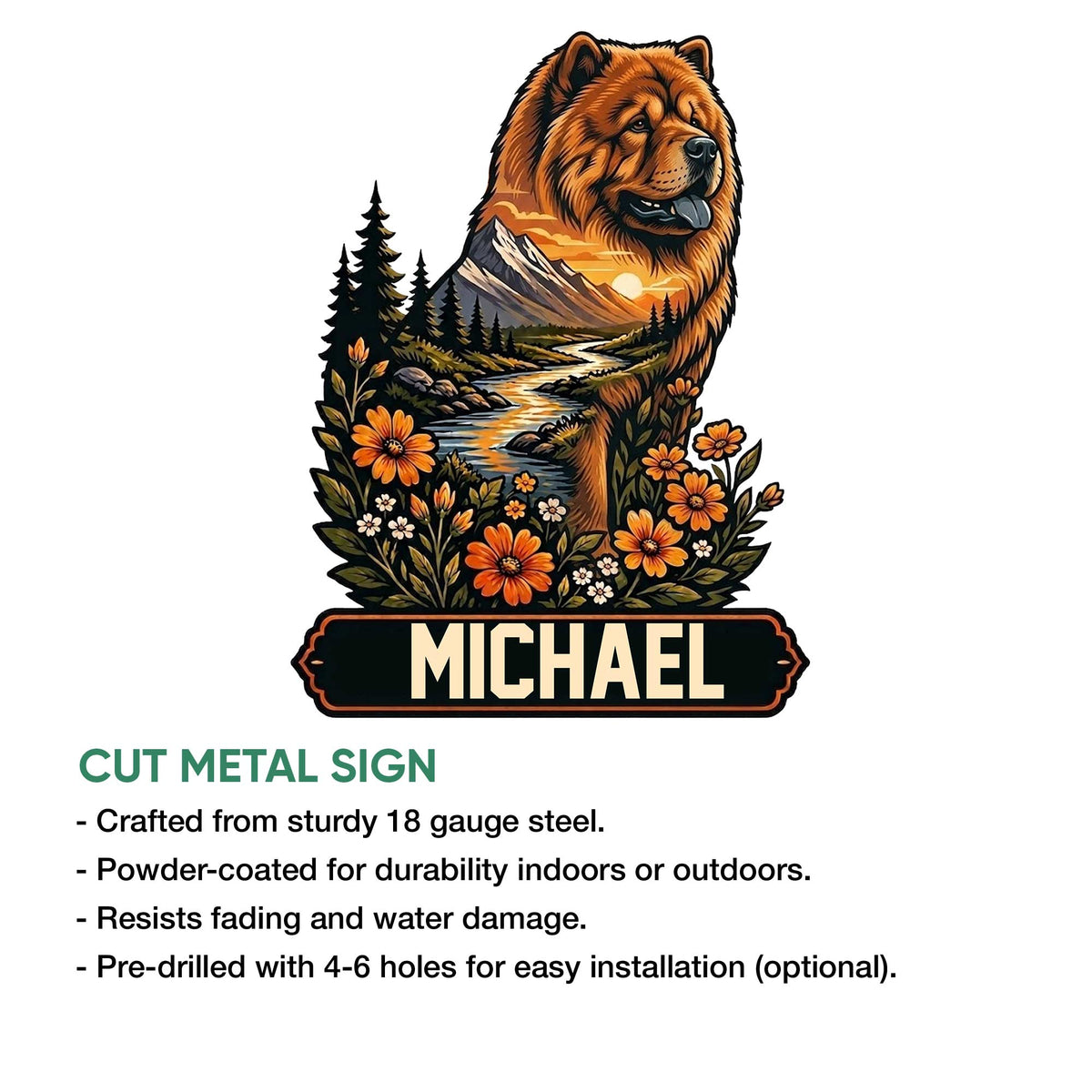 Chow Chow metal sign shown with a cut-metal product presentation and indoor or outdoor display details