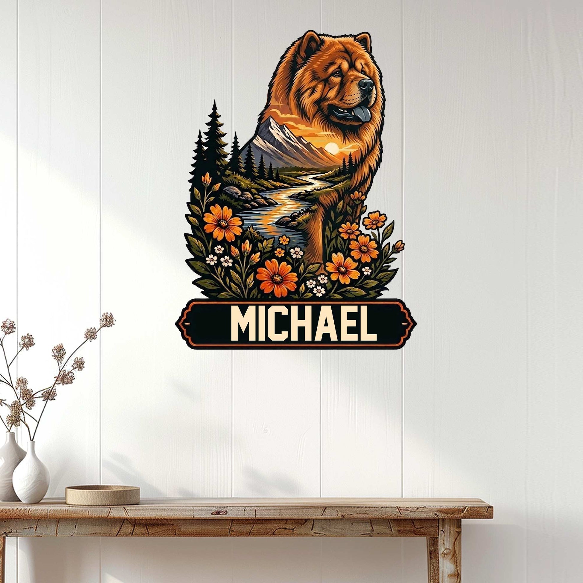 Chow Chow dog wall sign displayed on white paneling above a wooden console in a bright home interior