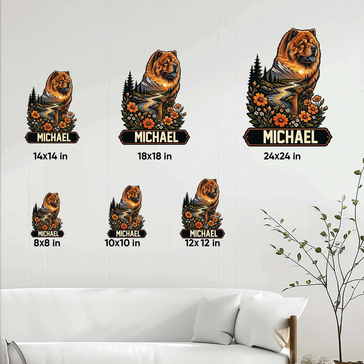 Chow Chow metal sign size guide showing six square size options from 8 by 8 to 24 by 24 inches