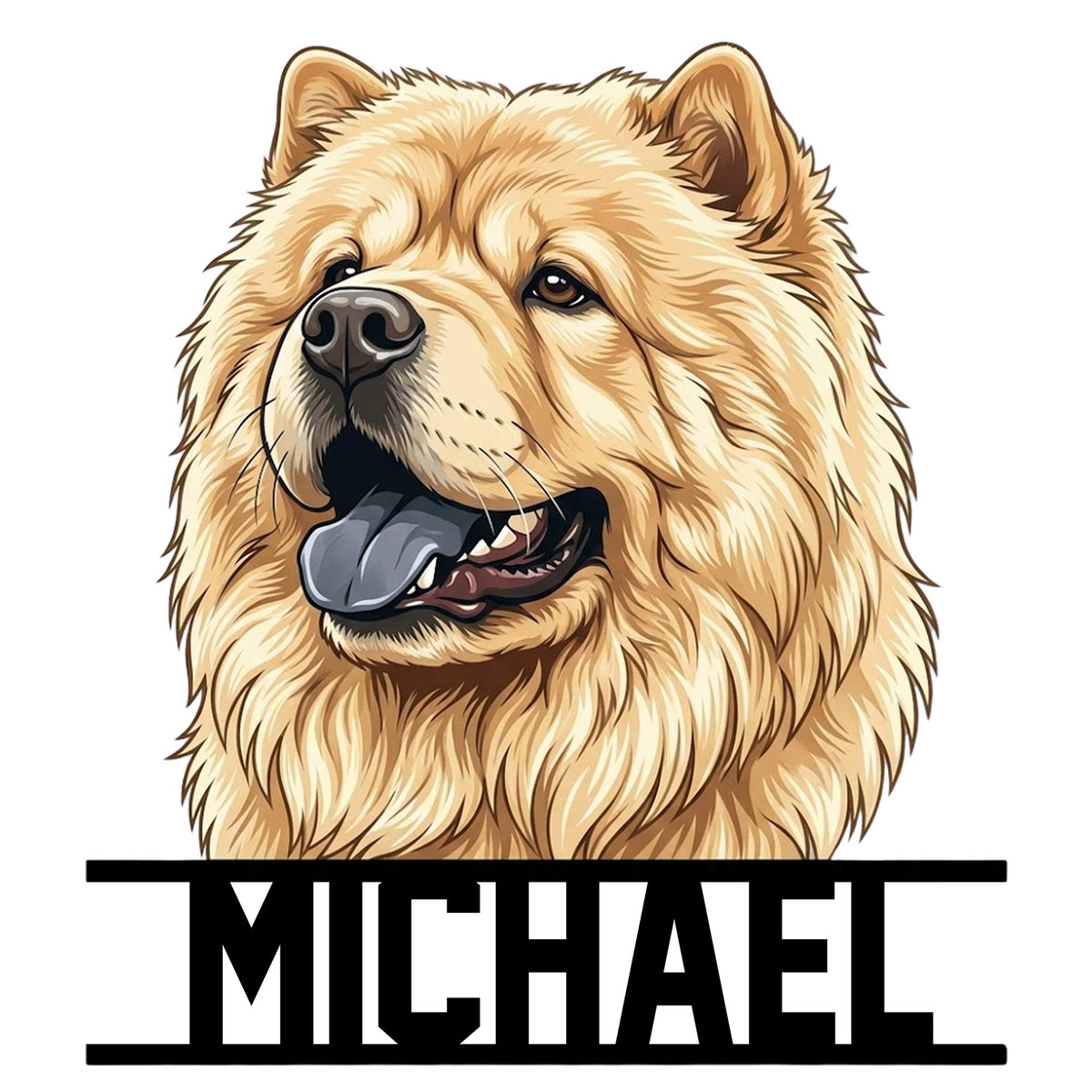 Custom Chow Chow metal sign featuring a detailed fluffy golden dog portrait and bold cutout lettering design