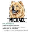 Chow Chow cut metal sign feature graphic showing the dog portrait and available product construction details