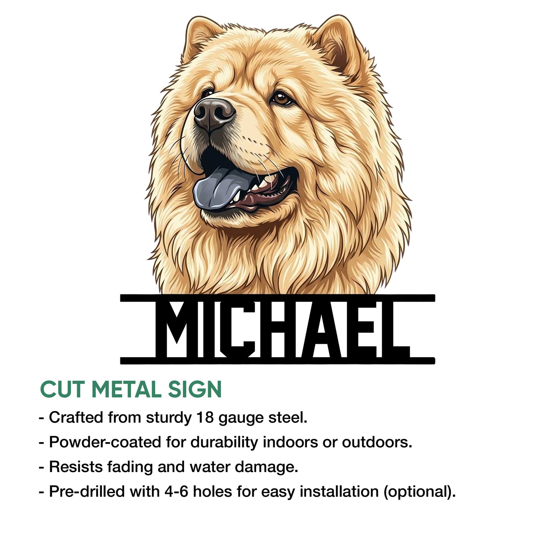 Chow Chow cut metal sign feature graphic showing the dog portrait and available product construction details