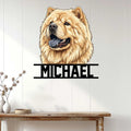 Chow Chow metal wall sign displayed on a bright paneled wall above a wooden console table