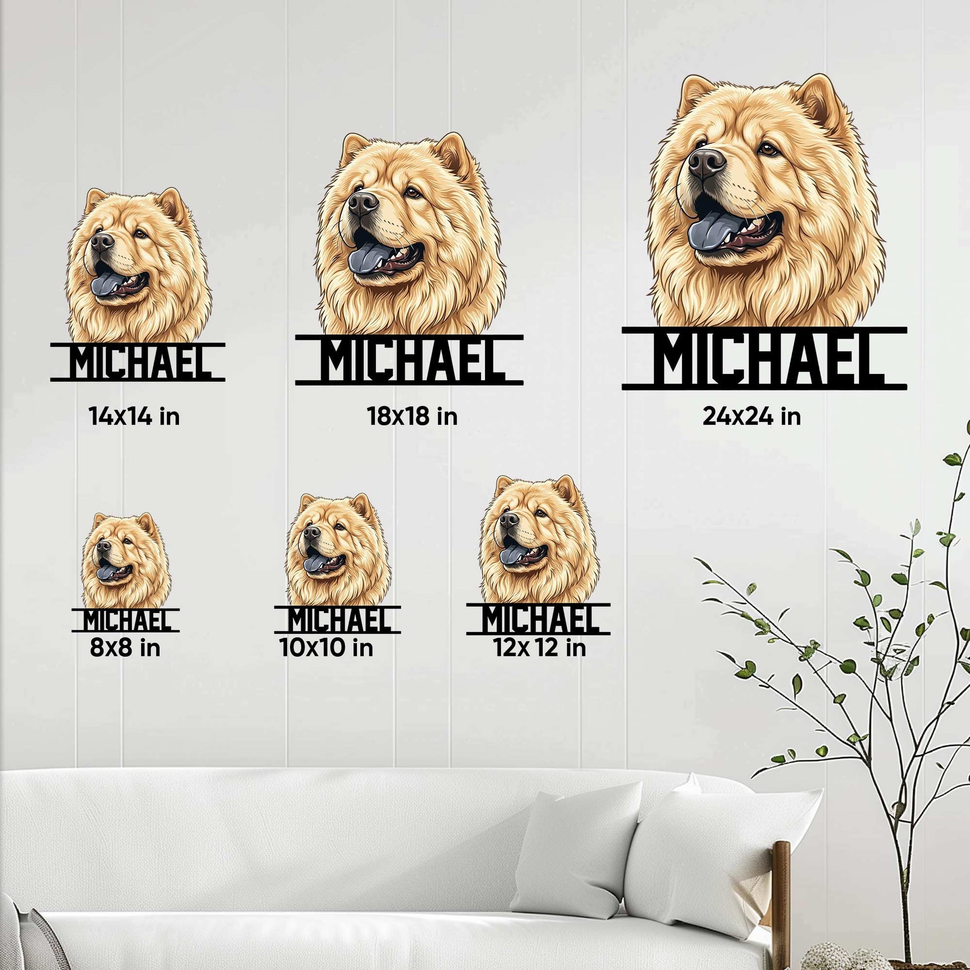 Chow Chow metal sign size guide showing several square size options displayed in a living room setting