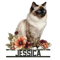 Floral Birman cat metal sign featuring blue eyes, long fur, and a botanical accent