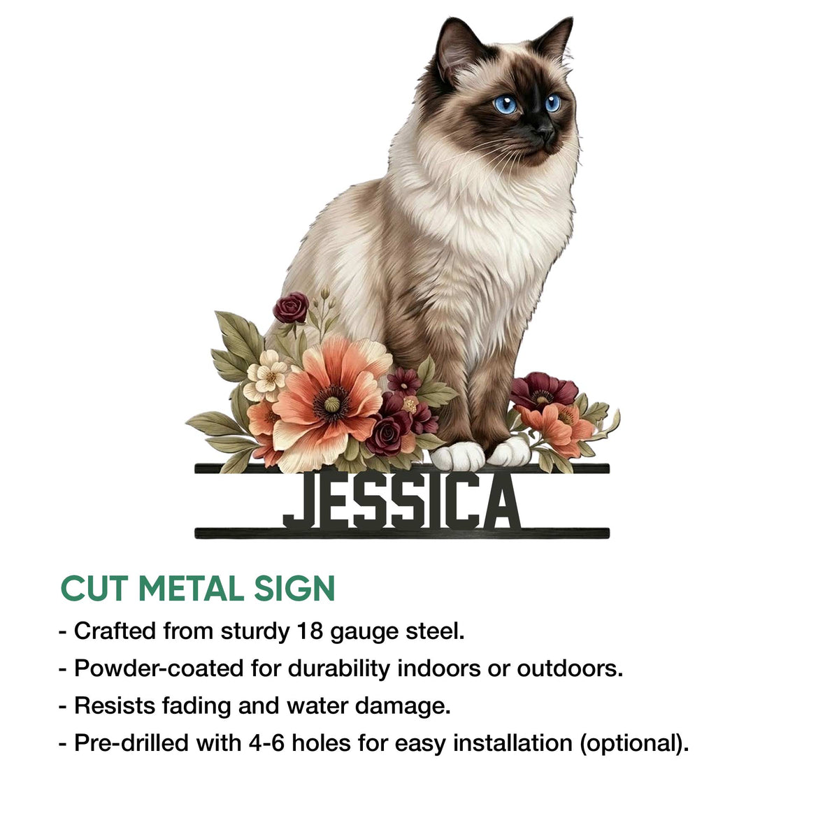 Birman cat cut metal sign shown in a product feature presentation