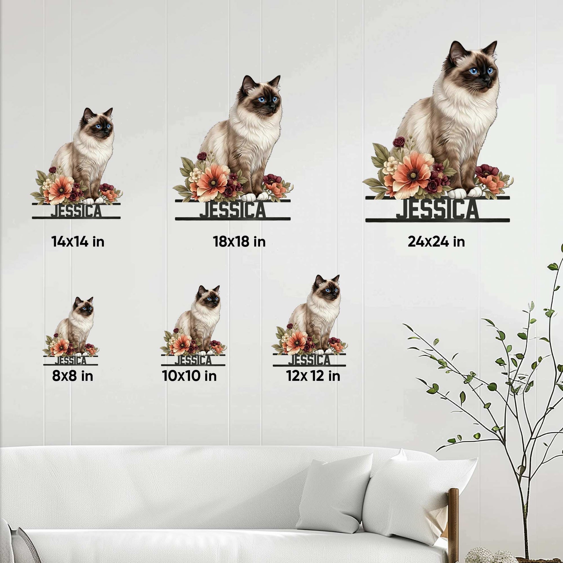 Birman cat metal sign size guide showing 8x8, 10x10, 12x12, 14x14, 18x18, and 24x24 inch options