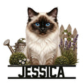 Birman cat metal sign featuring a blue-eyed longhaired cat surrounded by garden greenery and lavender