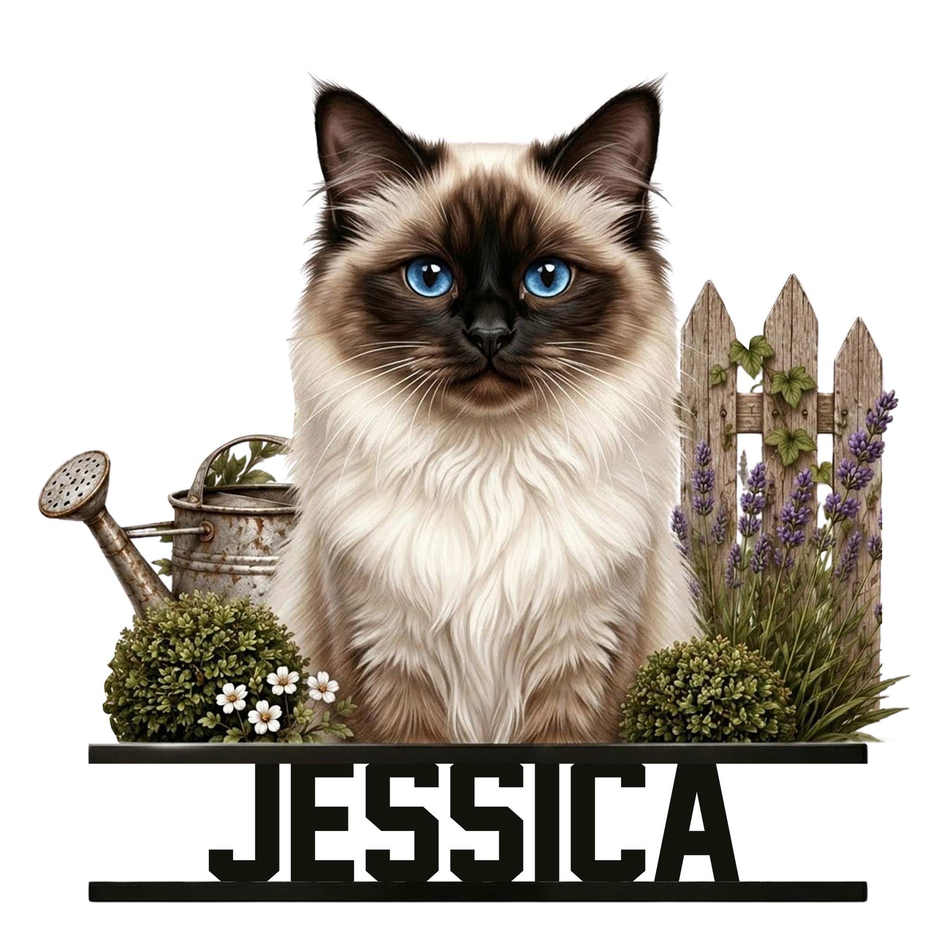 Birman cat metal sign featuring a blue-eyed longhaired cat surrounded by garden greenery and lavender