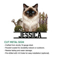 Birman cat cut metal sign featuring a detailed feline portrait with garden plants and a decorative base
