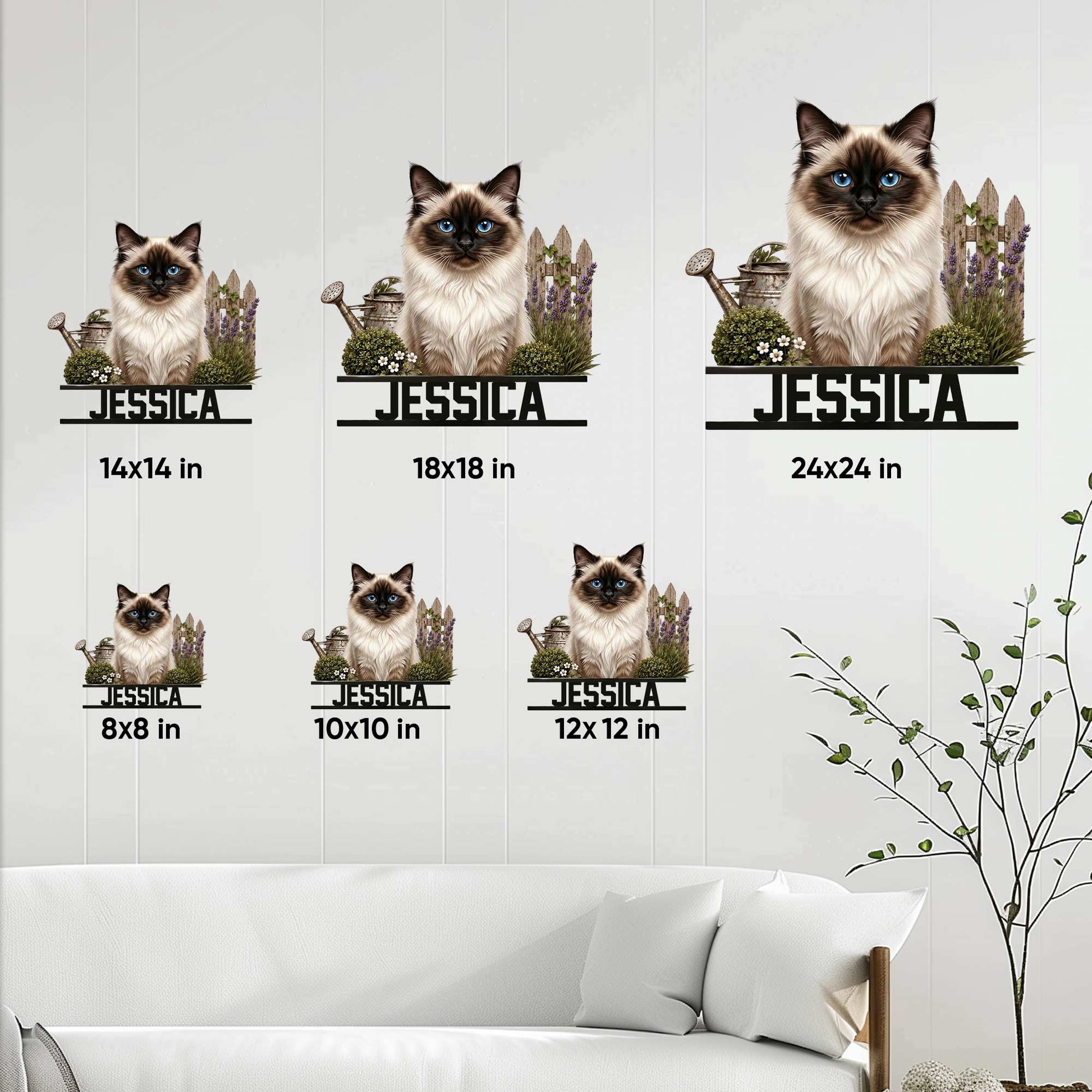Birman cat metal sign size guide showing options from 8 by 8 inches to 24 by 24 inches