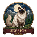 Birman cat metal sign featuring a blue-eyed long-haired cat beneath a moonlit mountain landscape
