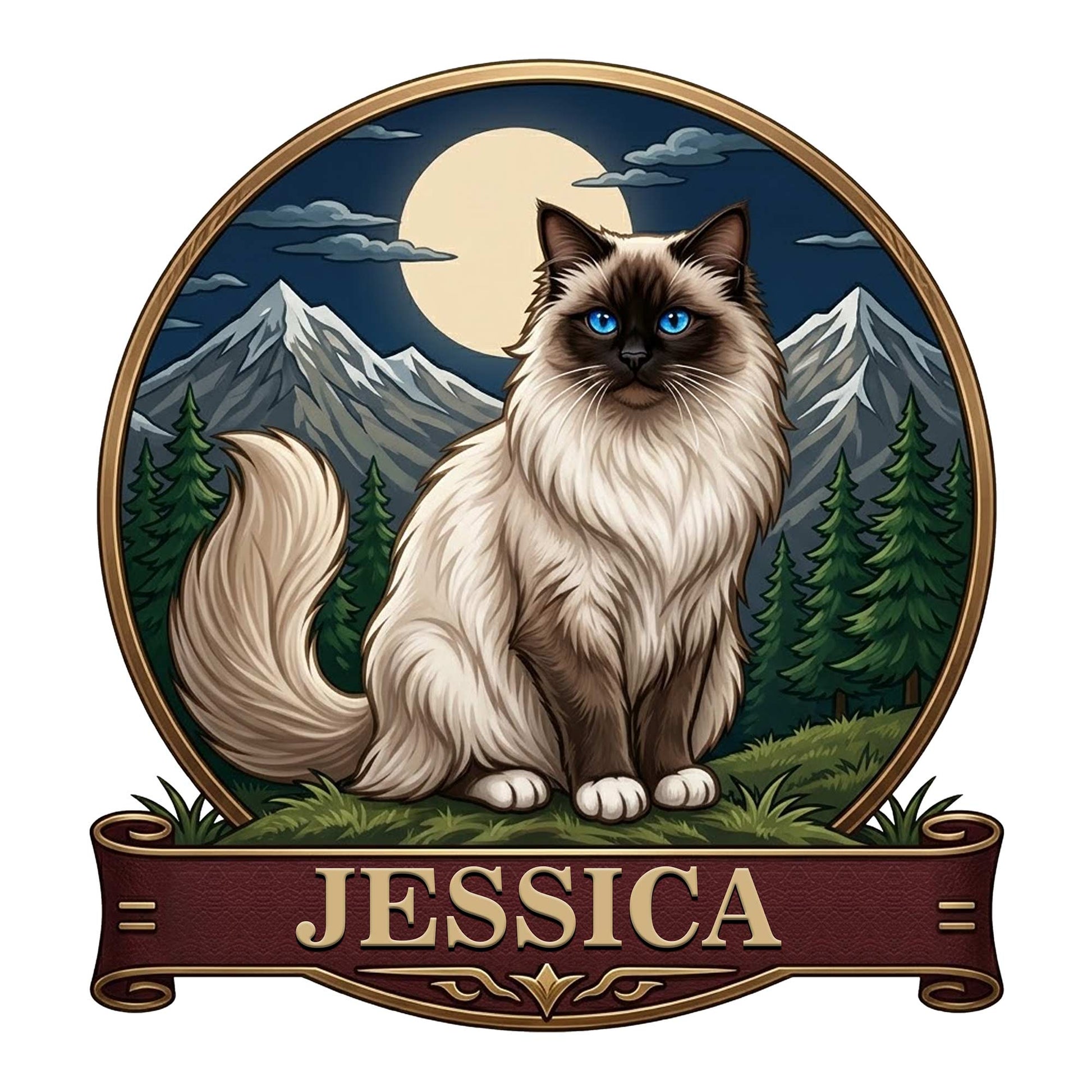 Birman cat metal sign featuring a blue-eyed long-haired cat beneath a moonlit mountain landscape