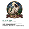 Birman cat metal sign artwork shown with a decorative scroll banner and cut metal sign presentation