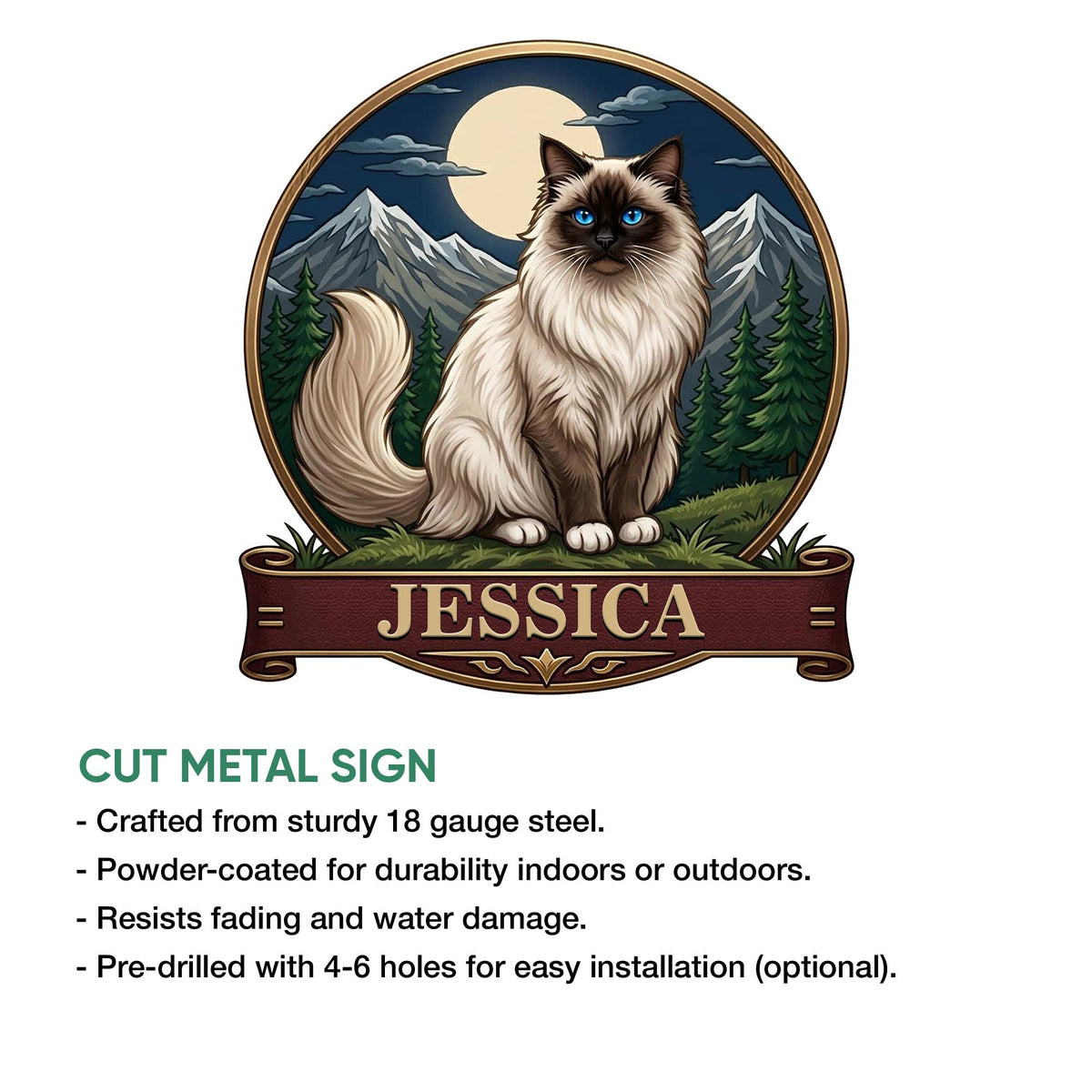 Birman cat metal sign artwork shown with a decorative scroll banner and cut metal sign presentation