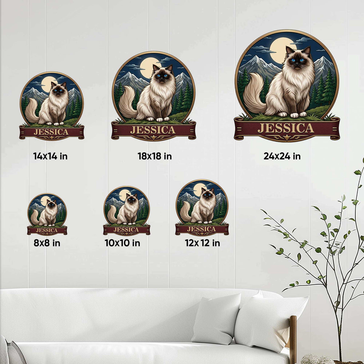 Birman cat metal sign size guide showing available square sizes from 8 by 8 to 24 by 24 inches