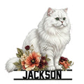 Fluffy white Persian cat metal sign surrounded by colorful flowers in a custom floral pet portrait design