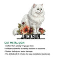 Persian cat cut metal sign shown with a floral artwork design and product feature information