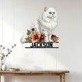 Floral Persian cat metal sign displayed as elegant wall decor in a bright home entryway
