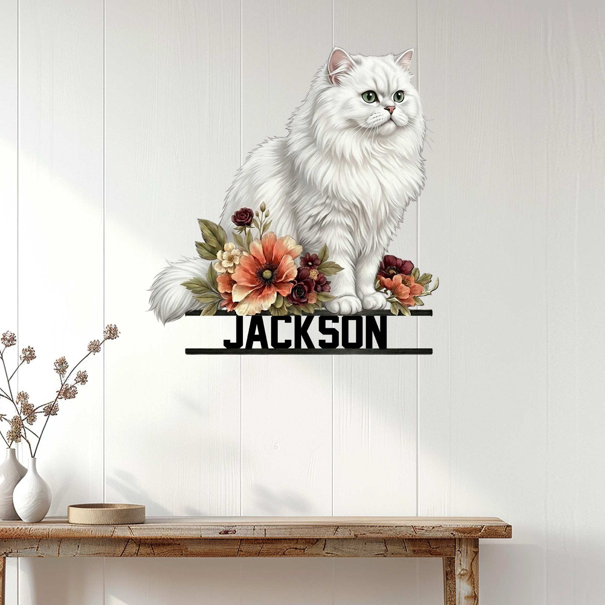Floral Persian cat metal sign displayed as elegant wall decor in a bright home entryway