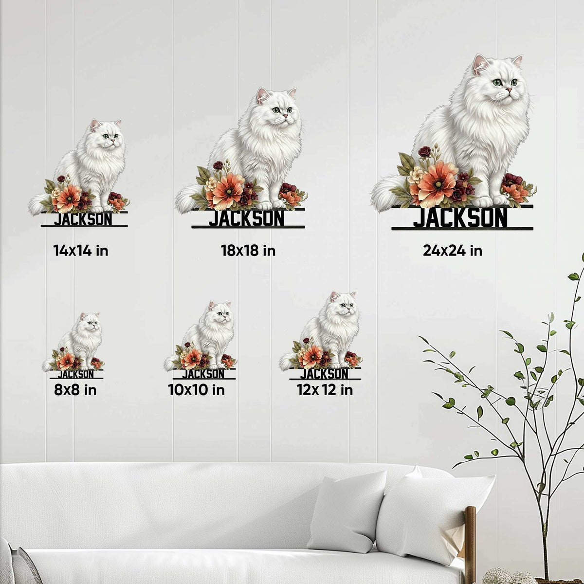Persian cat metal sign size guide showing available square dimensions from 8 by 8 to 24 by 24 inches
