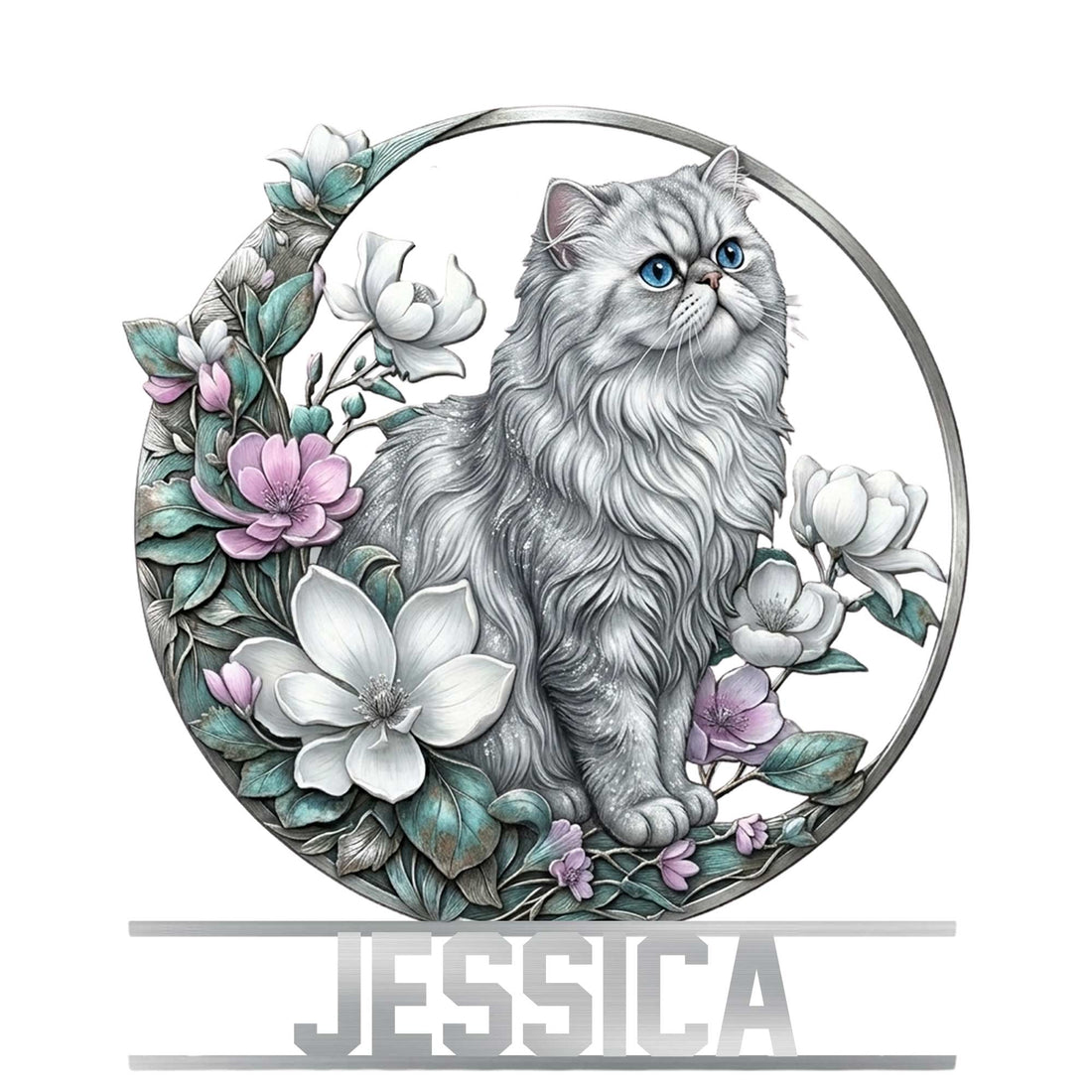 Floral Persian cat metal sign featuring a long-haired gray cat with blue eyes in a circular botanical design