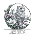 Floral Persian cat metal sign featuring a long-haired gray cat with blue eyes in a circular botanical design