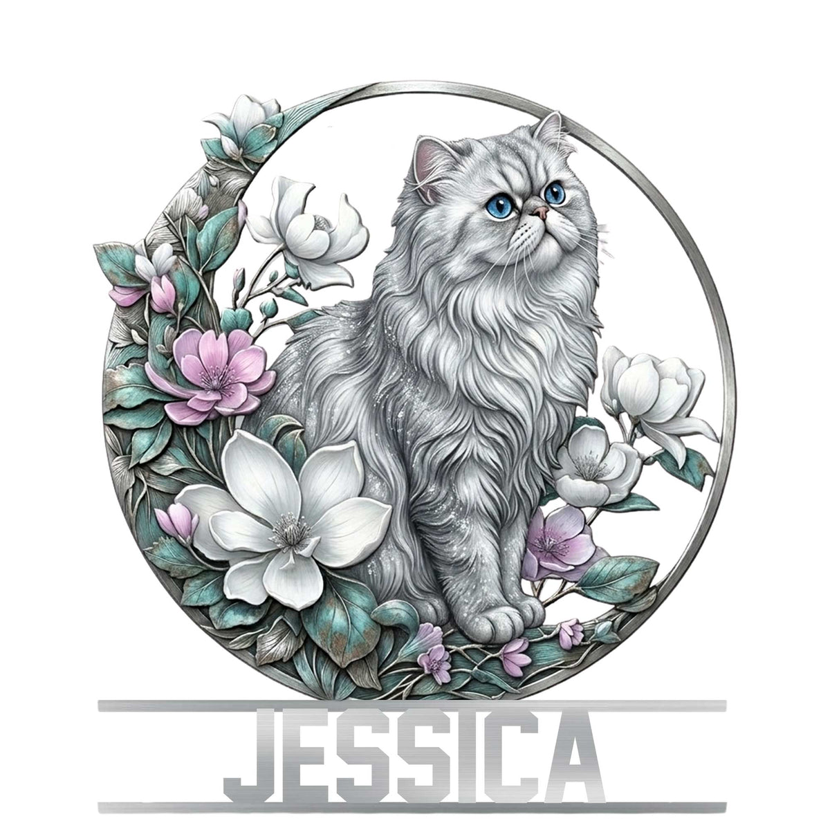 Floral Persian cat metal sign featuring a long-haired gray cat with blue eyes in a circular botanical design
