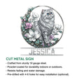 Persian cat cut metal sign shown with a floral circular design in a product feature infographic