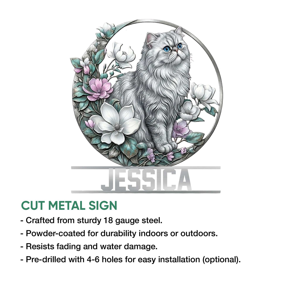 Persian cat cut metal sign shown with a floral circular design in a product feature infographic