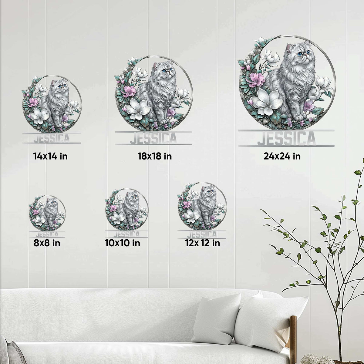 Persian cat metal sign size guide showing available square sizes from 8 by 8 to 24 by 24 inches